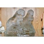 A PAIR OF ART DECO FROSTED GLASS FIGURES OF RAMS, on rectangular clear glass bases, height ????, (