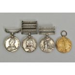 A GROUP OF THREE MEDALS AND ONE OTHER MEDAL AS FOLLOWS, Queens South Africa Medal, four bars, relief