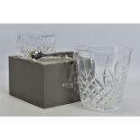 A WATERFORD CRYSTAL LISMORE ICE BUCKET AND PLATED TONGS, stamped to base, height 18.5cm x diameter