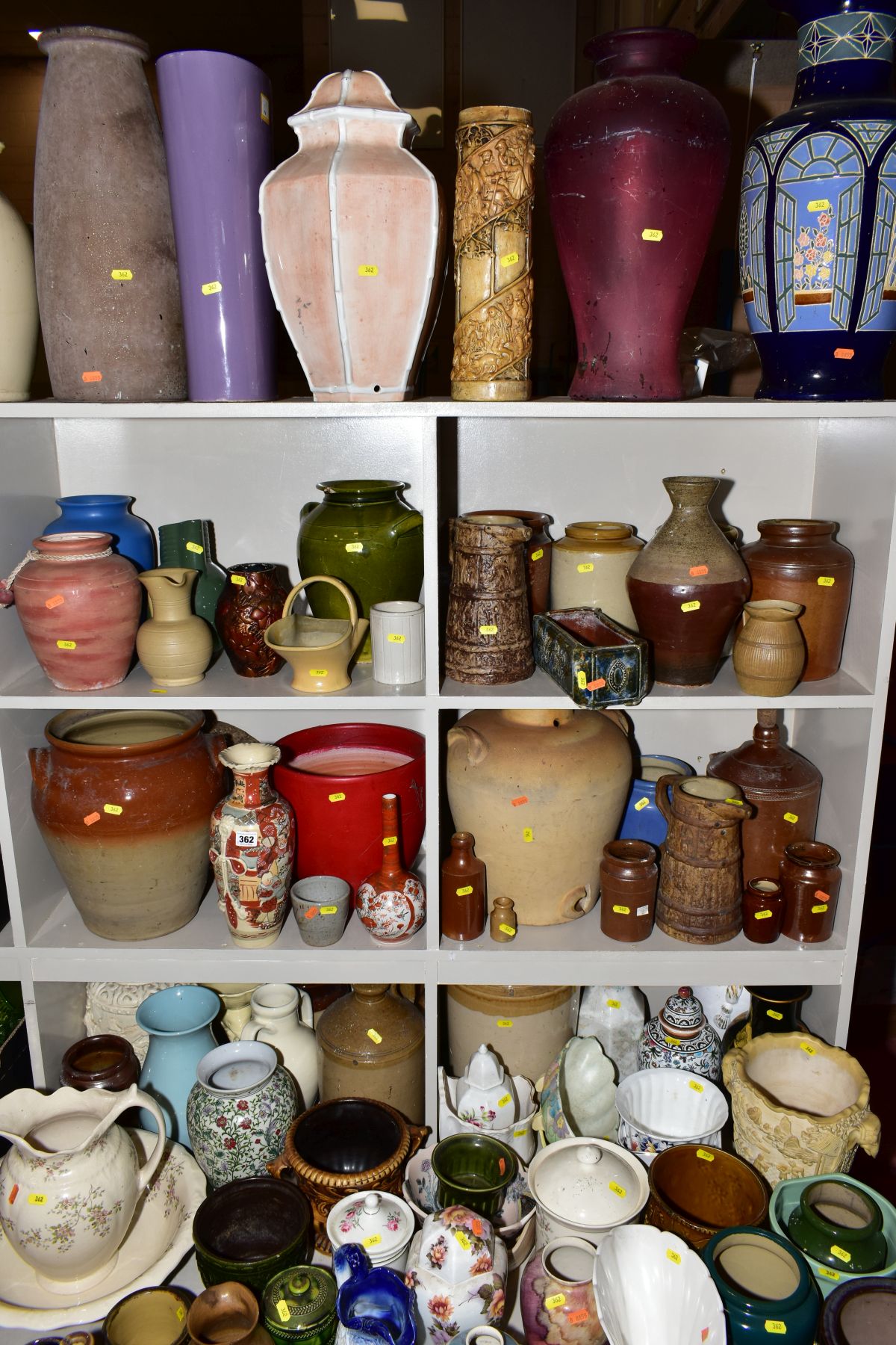 A QUANTITY OF 19TH AND 20TH CENTURY STONEWARE JARS, FLAGONS, GLAZED VASES, JARDINIERES, JARS AND