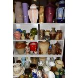 A QUANTITY OF 19TH AND 20TH CENTURY STONEWARE JARS, FLAGONS, GLAZED VASES, JARDINIERES, JARS AND