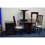 A MODERN MAHOGANY GATE LEG TABLE, two chairs, nest of two tables, circular table and a hi fi cabinet