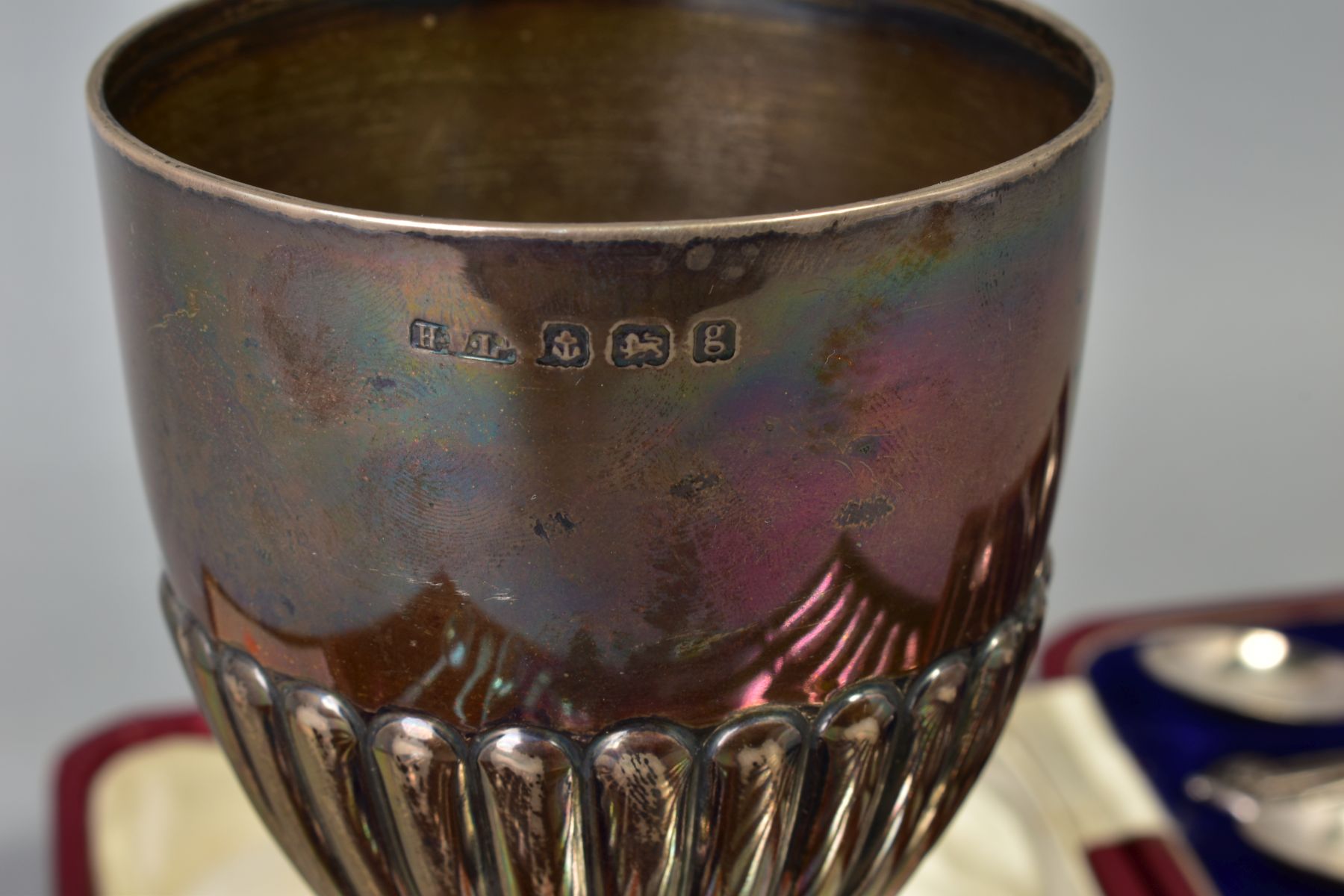 AN EDWARDIAN SILVER TROPHY CUP, stop reeded decoration, slender stem with soldered repair, - Image 7 of 7