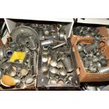FIVE BOXES AND LOOSE OF PEWTER AND LOOSE, including tankards, plates, embossed plates, hammered