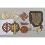 A SMALL COLLECTION OF GERMAN 3RD REICH BADGES ETC, together with two medallions, as follows, (a)