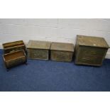 THREE VARIOUS BRASS SLIPPER BOXES, together with two brass magazine racks (5)