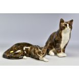 TWO LARGE MIKE LINTON POTTERY CATS, one seated, height 29cm (ear restored) and the other lying,