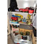 A QUANTITY OF TOYS AND GAMES, including an Action man car, two boxes of Scalextrix track, a