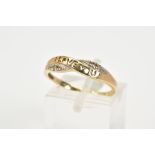 A 9CT GOLD CROSSOVER RING, designed with an open work panel with the word 'I Love You' flanked