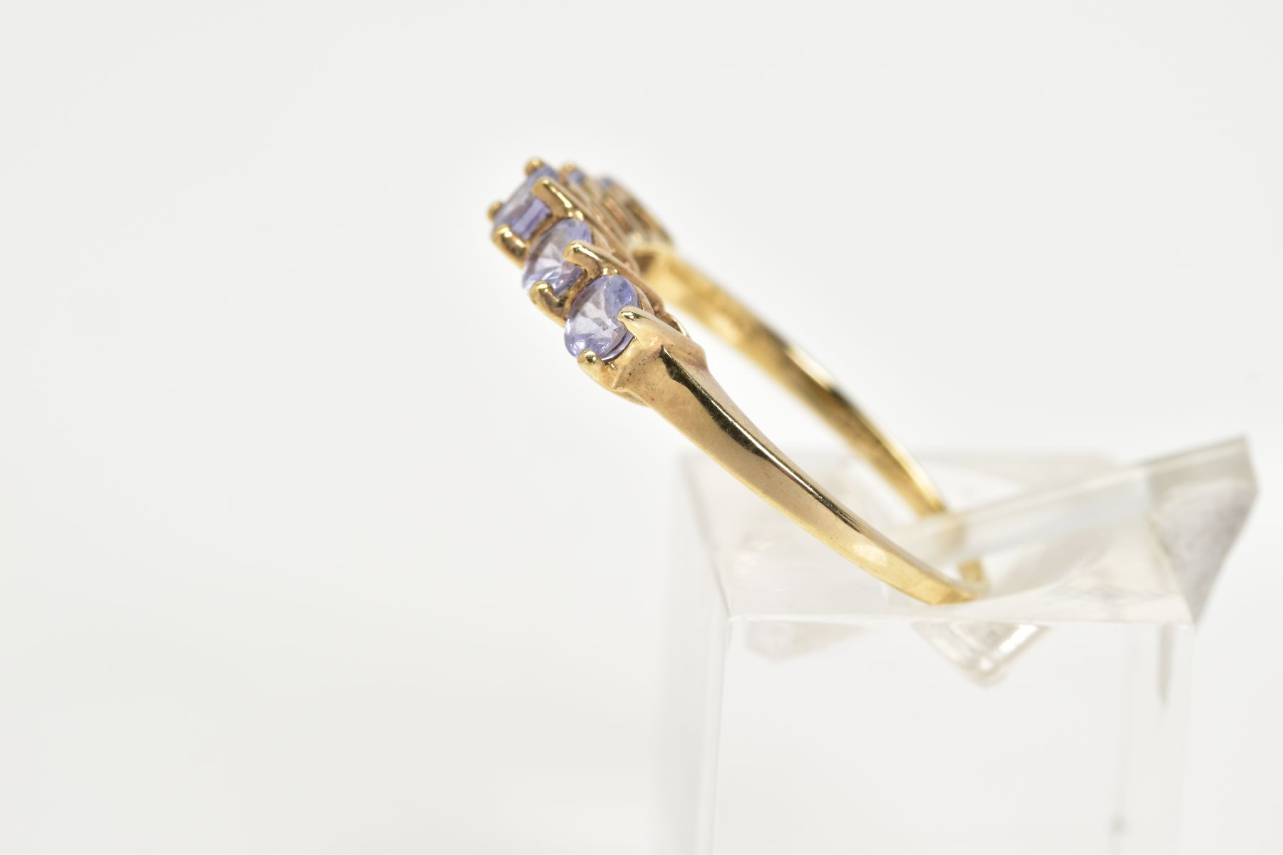 A 9CT GOLD FIVE STONE RING, of half hoop design set with five claw set circular cut amethyst, to the - Image 2 of 3