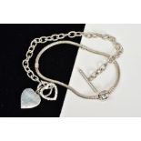 A SILVER CHARM BRACELET AND PANDORA BRACELET, the curb link charm bracelet with a toggle clasp, with