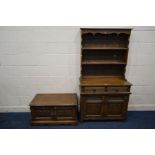 AN OLD CHARM OAK LINENFOLD DRESSER, with two drawers, width 93cm x depth 44cm x height 176cm and a