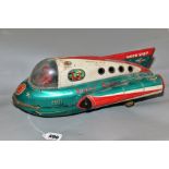 AN UNBOXED MODERN TOYS BATTERY OPERATED TINPLATE SUPER SONIC MOON SHIP, green, red and white