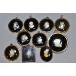 TEN PETER BATES 'COMPANIONS IN CAMEO' MINATURES, in gilt frames, largest size including frame 12cm x