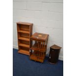 A MODERN YEWWOOD TWO TIER REVOLVING BOOKCASE, together with a yewwood open bookcase and a small