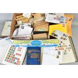 LARGE QUANTITY OF STAMPS AND COVERS, in banana box in packets and three albums thousands to sort