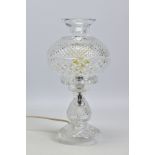 A WATERFORD CRYSTAL ALANA HURRICANE LAMP, converted to electric, stamped to shade, height 35.5cm