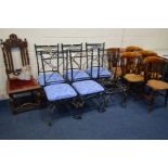 AN EARLY 20TH CENTURY CARVED OAK HALL CHAIR (sd) together with six metal framed chairs (one seat pad