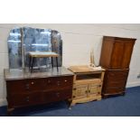 AN EDWARDIAN MAHOGANY DRESSING CHEST (missing brackets) together with cherrywood two door cabinet, a