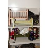 A GROUP OF COLLECTOR'S DOLLS, TWO REPRODUCTION DOLL'S PRAMS ETC, including a painted wooden book