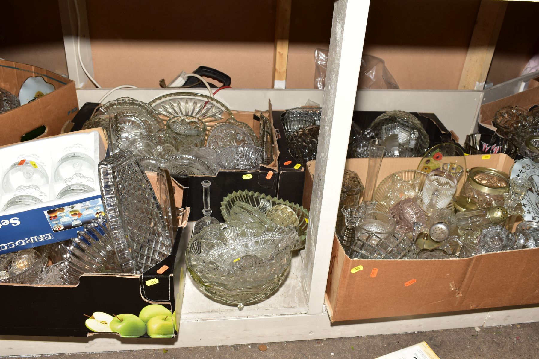 SEVEN BOXES AND LOOSE MISCELLANEOUS GLASSWARE, mostly pressed glass including bowls, cake plates,