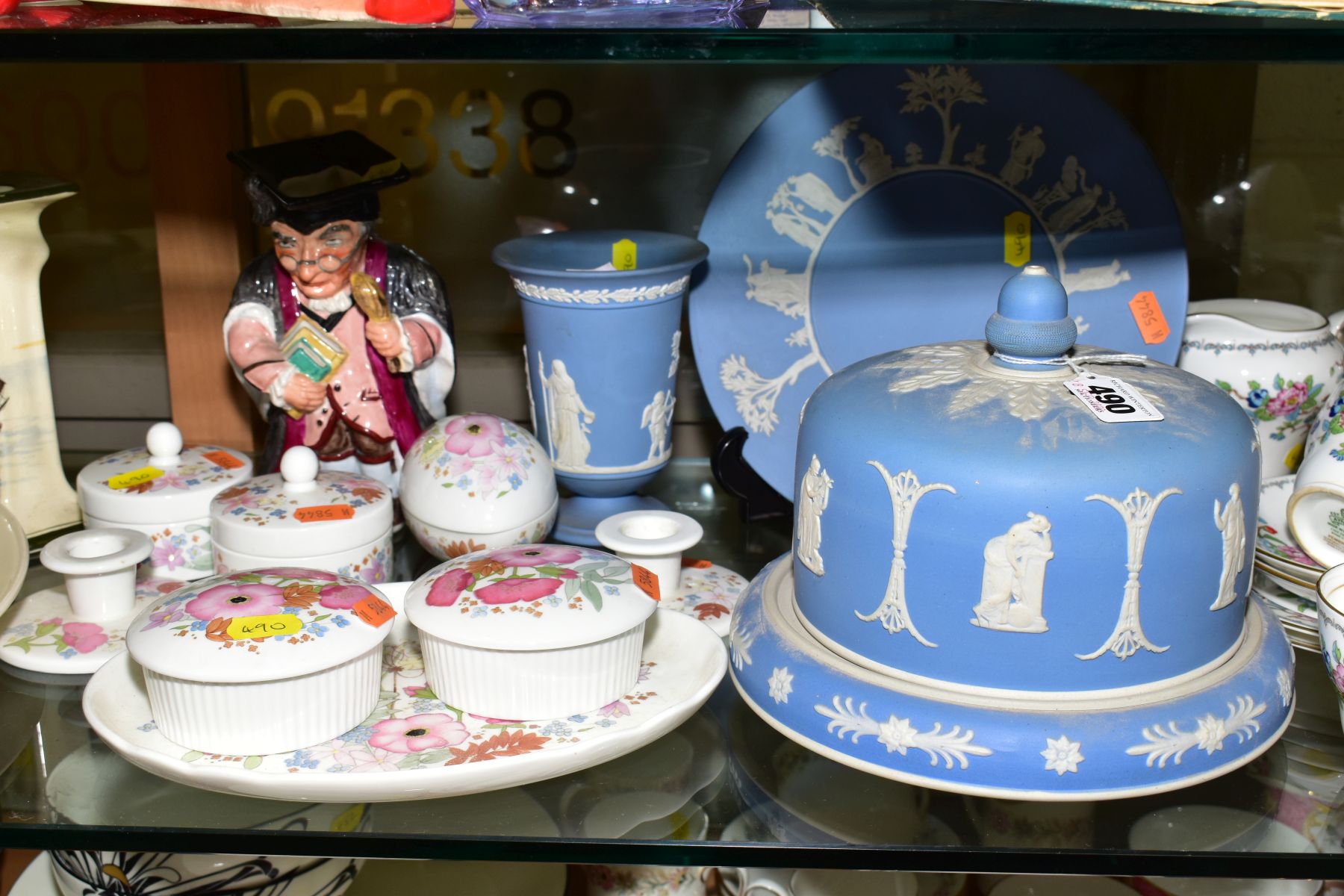 A JASPERWARE CHEESE DOME AND STAND, approximate height 17cm, two pieces Wedgwood jasperware, eight