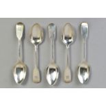 A SET OF FIVE GEORGE III IRISH SILVER FIDDLE PATTERN TEASPOONS, engraved initial 'R', maker