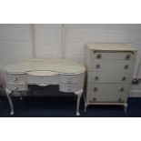 A TALL CREAM PAINTED CHEST OF FIVE DRAWERS, together with a kidney dressing table (missing