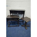 A DARK OAK SIDE TABLE, with two drawers, together with a similar bible box and an occasional