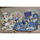 A WEDGWOOD BONE CHINA BLUE AND WHITE FALLOW DEER PRINTED SEVEN PIECE DRESSING TABLE SET, brown