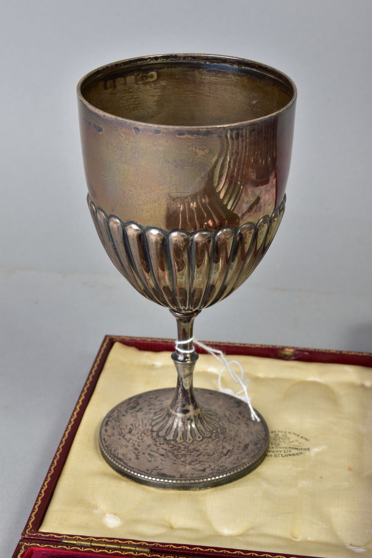 AN EDWARDIAN SILVER TROPHY CUP, stop reeded decoration, slender stem with soldered repair, - Image 2 of 7
