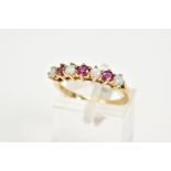 A 9CT GOLD RUBY AND OPAL RING, set with four cabochon opals, interspaced with three circular cut