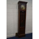 AN EARLY 20TH CENTURY OAK CASED LONG CASE CLOCK, with brassed dial with Arabic numerals (pendulum