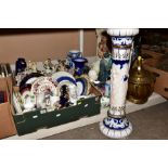 TWO BOXES AND LOOSE OF MISCELLANEOUS CERAMICS AND A LARGE BRASS KETTLE, including a jardiniere