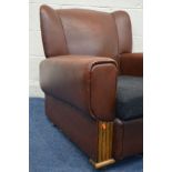 AN ART DECO RED LEATHERETTE CLUB CHAIR, with reeded oak fronted armrests, with a later charcoal