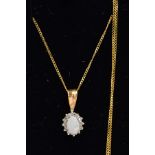 A 9CT GOLD OPAL AND DIAMOND CLUSTER PENDANT NECKLACE, the pendant designed with a central claw set