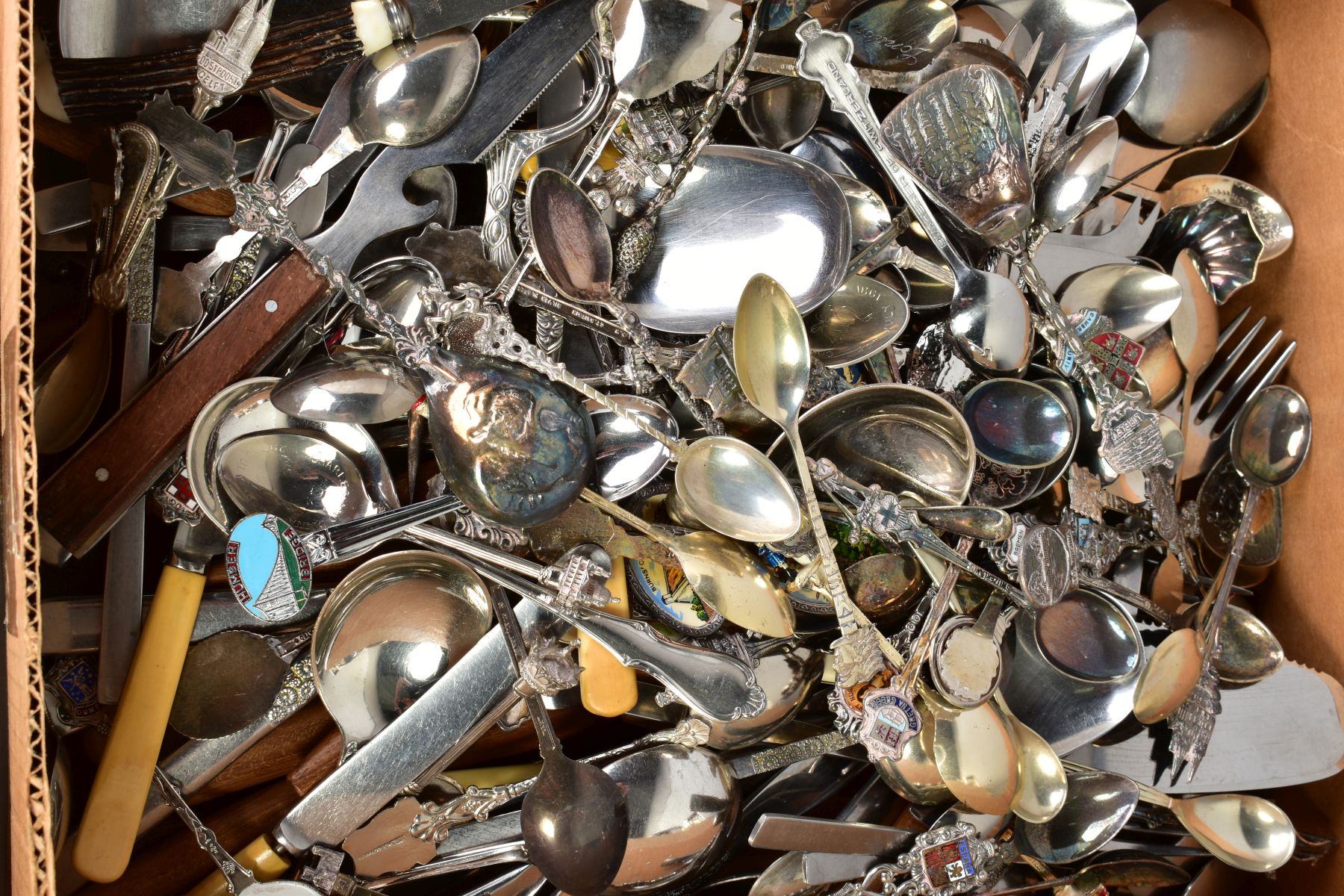 TWO BOXES OF SILVER PLATE, STAINLES STEEL ETC, including souvenir spoons, a small silver handled - Image 5 of 7