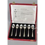 A SET OF SIX SILVER SPOONS AND CASE, the six plain polished tea spoons each with a different assay