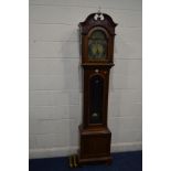 AN EARLY 20TH CENTURY MAHOGANY AND INLAID LONGCASE CLOCK, the hood with a brass finial, arched glass