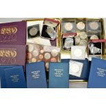 A BISCUIT TIN OF UK COINS, to include a 1967 coin set, three 1970 B.U. Year Sets etc