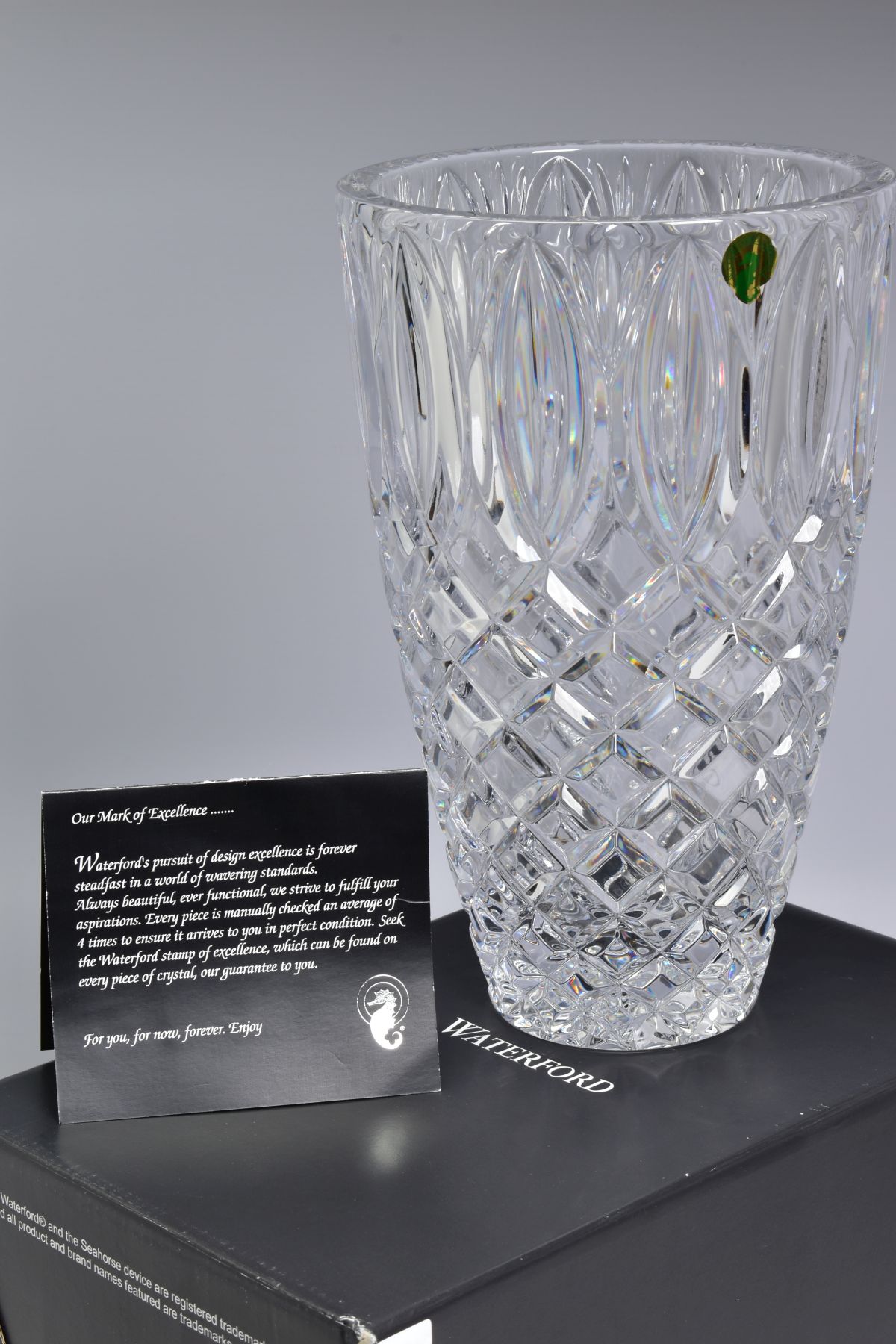 A BOXED WATERFORD LEAD CRYSTAL GRANT VASE, stamped to base, height 25.5cm