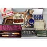 A BOX OF CASED AND LOOSE CUTLERY ETC, including a horn handled carving set, boxed Viners studio