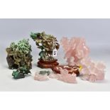 A GROUP OF THREE 20TH CENTURY CHINESE SEMI PRECIOUS STONE CARVINGS, comprising a rose quartz vase