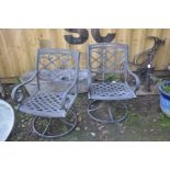 A PAIR OF CAT ALUMINIUM SWIVEL GARDEN CHAIRS seat width 51cm x height 92cm