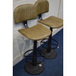 A PAIR OF MODERN METAL SWIVEL BAR STOOLS with olive green leather seats and backs