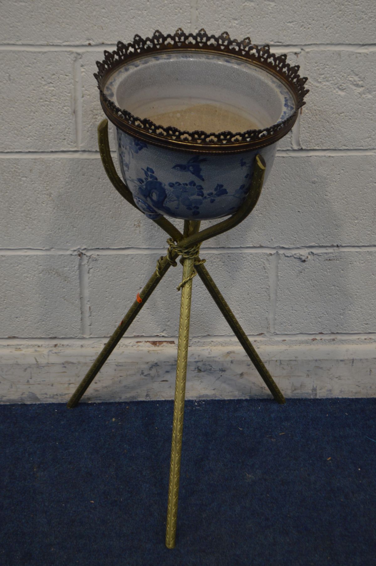 A LATE 20TH CENTURY ORIENTAL STYLE CRACKLE GLAZE BLUE AND WHITE POTTERY JARDINIERE, on a seperate