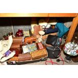 FOUR BOXES OF JEWELLERY BOXES, LAVA LAMP, COPPER, BRASS, CASSETTE TAPES, LUGGAGE AND HANDBAGS,