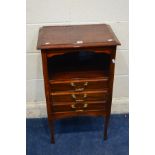 AN EDWARDIAN MAHOGANY THREE DRAWER MUSIC CABINET, width 50cm x depth 35cm x height 83cm