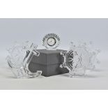 A BOXED WATERFORD CRYSTAL SHELL SHAPED TIME PIECE, stamped to base, height 6.5cm, together with