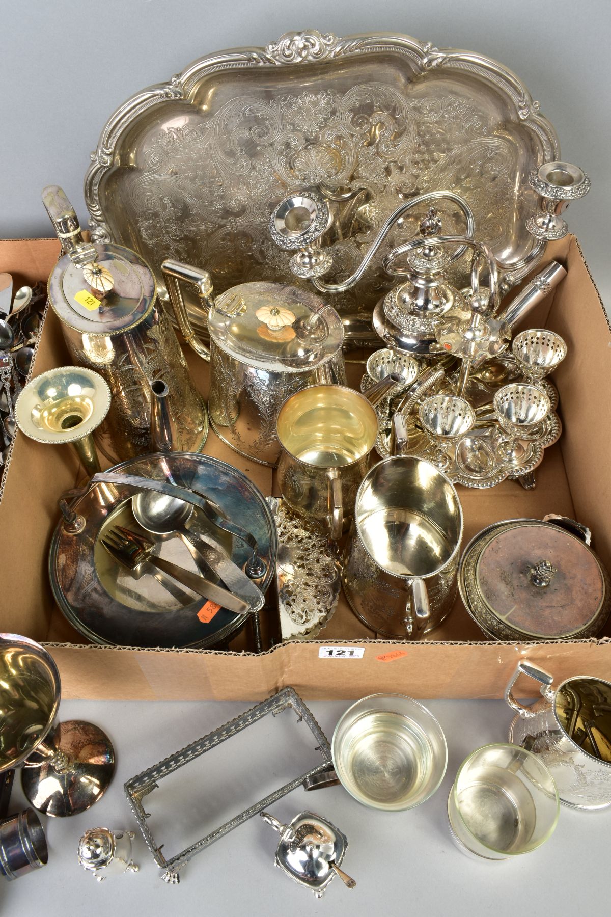 TWO BOXES OF SILVER PLATE, STAINLES STEEL ETC, including souvenir spoons, a small silver handled - Image 6 of 7